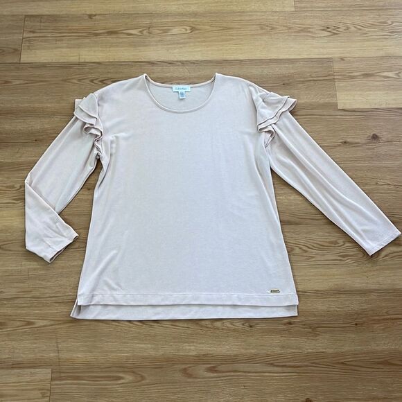Calvin Klein Womens Blush Ruffle Shoulder Knit Top Size Large Lightweight Casual - Picture 1 of 5